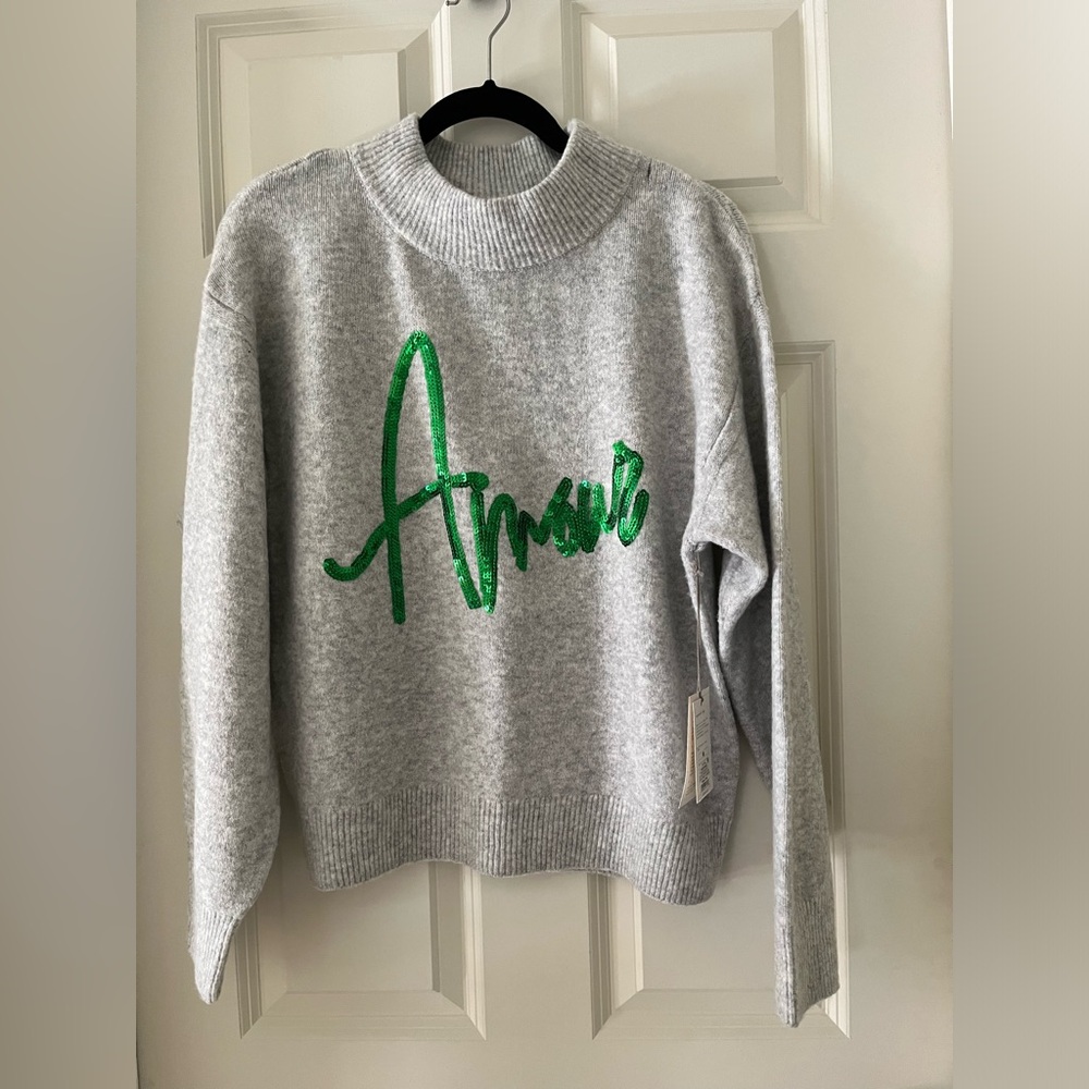 - NWT Women’s A New Day gray sweater w/ Green “Amour” size M-soft and cozy!